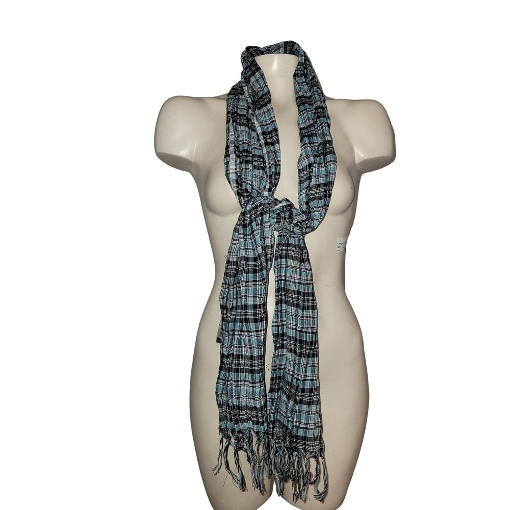 Tommy Bahama Blue Plaid Cotton Crinkle Scarf THW7083 Fringed cotton contemporary